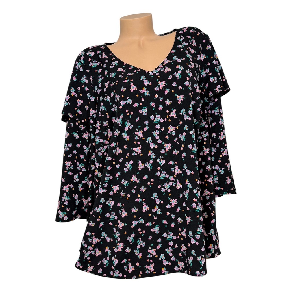 Lane Bryant Womens 14/16 Black Floral V-Neck Ruffle Bell Sleeve Tunic Blouse